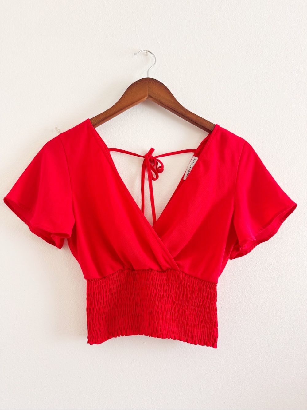 Paper Crane Bright Red Smocked Wrap Crop Top with Back Tie XS